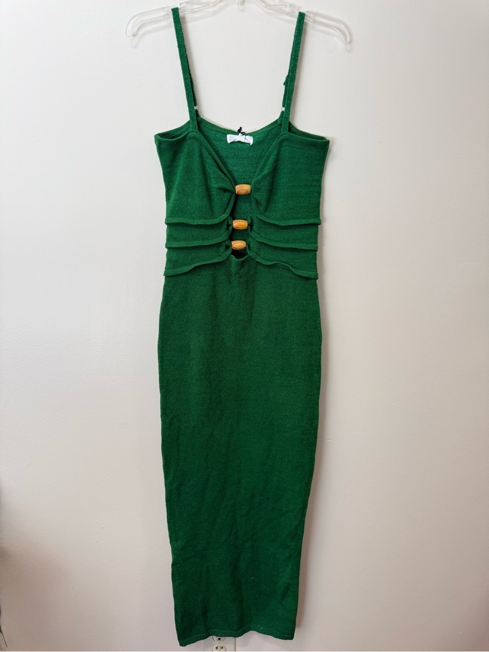 Mable Emerald Green Knit Midi Dress with Wood Accents